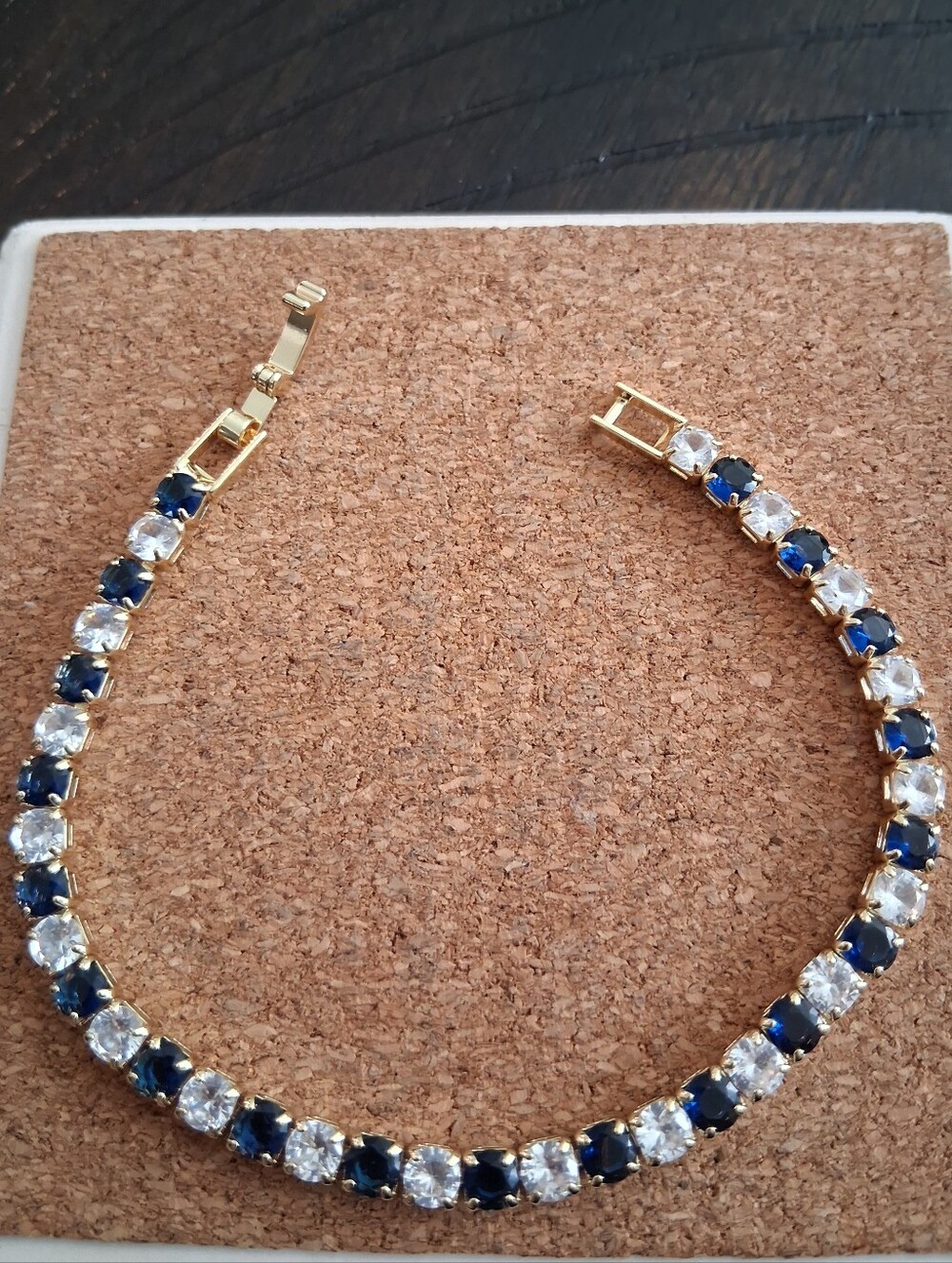 Gold Tennis Bracelet with Blue and Clear Stones